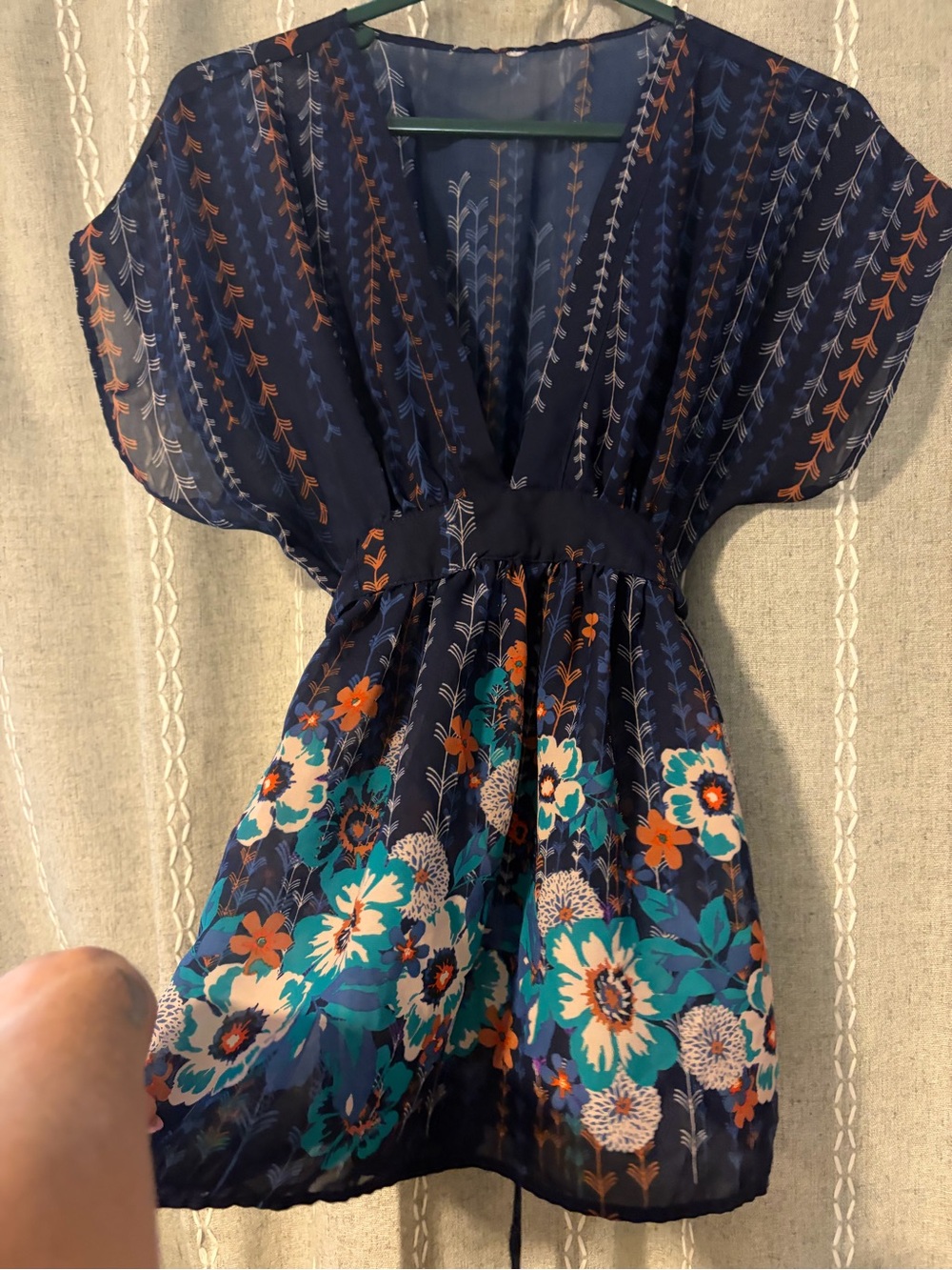 Navy Floral V-Neck Blouse with Teal & Orange Accents
